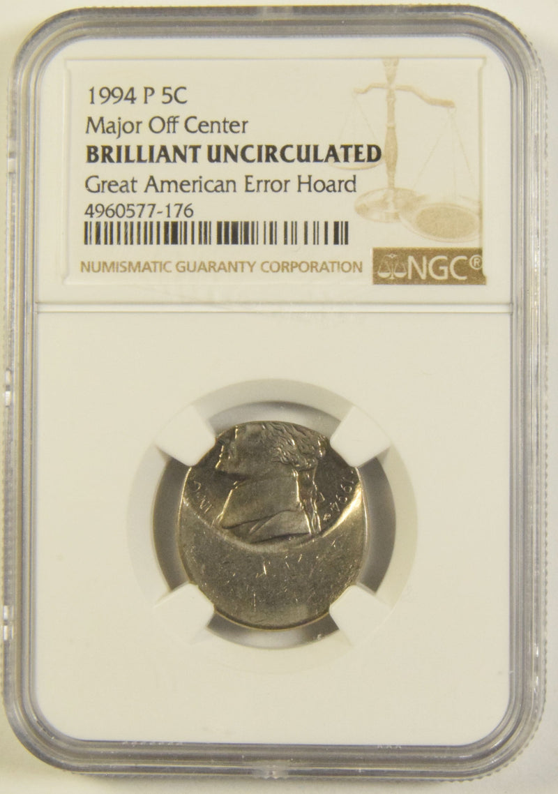 1994-P Jefferson Nickel NGC BU major off center Great American Hoard