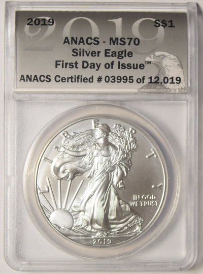 2019 Silver Eagle ANACS MS-70 First Day of Issue