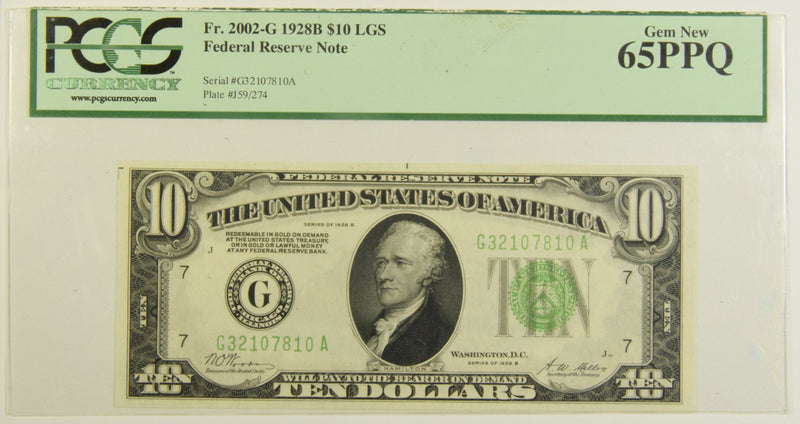 $10.00 1928 B Federal Reserve Note . . . . PCGS Gem-65 PPQ Fr 2002-G