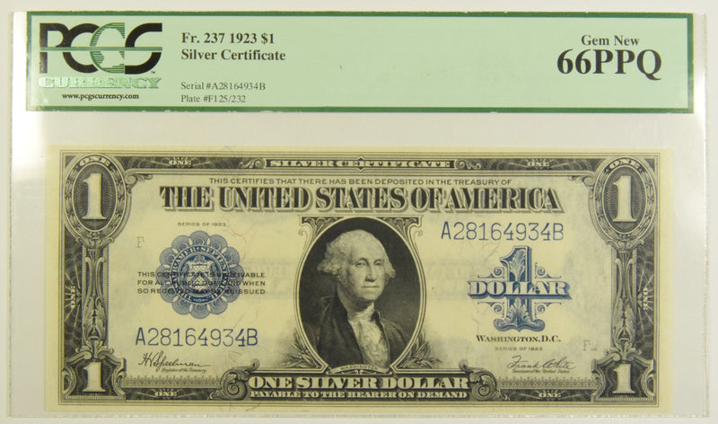 $1.00 1923 Silver Certificate Fr. 237 . . . . PCGS Gem New-66 PPQ