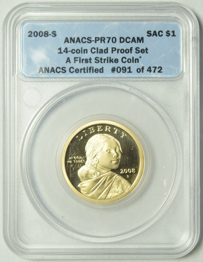 2008-S Sacagawea Dollar . . . . ANACS PR-70 DCAM from 14-coin Clad Proof Set A First Strike Coin