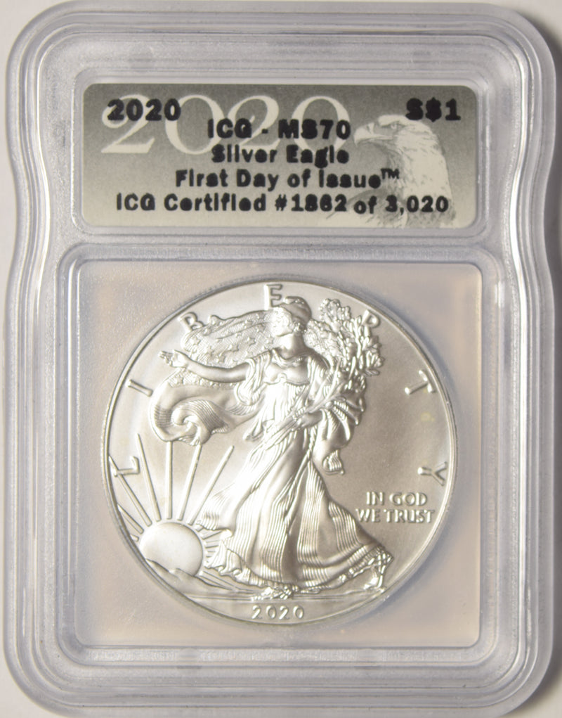 2020 Silver Eagle . . . . ICG MS-70 First Day of Issue