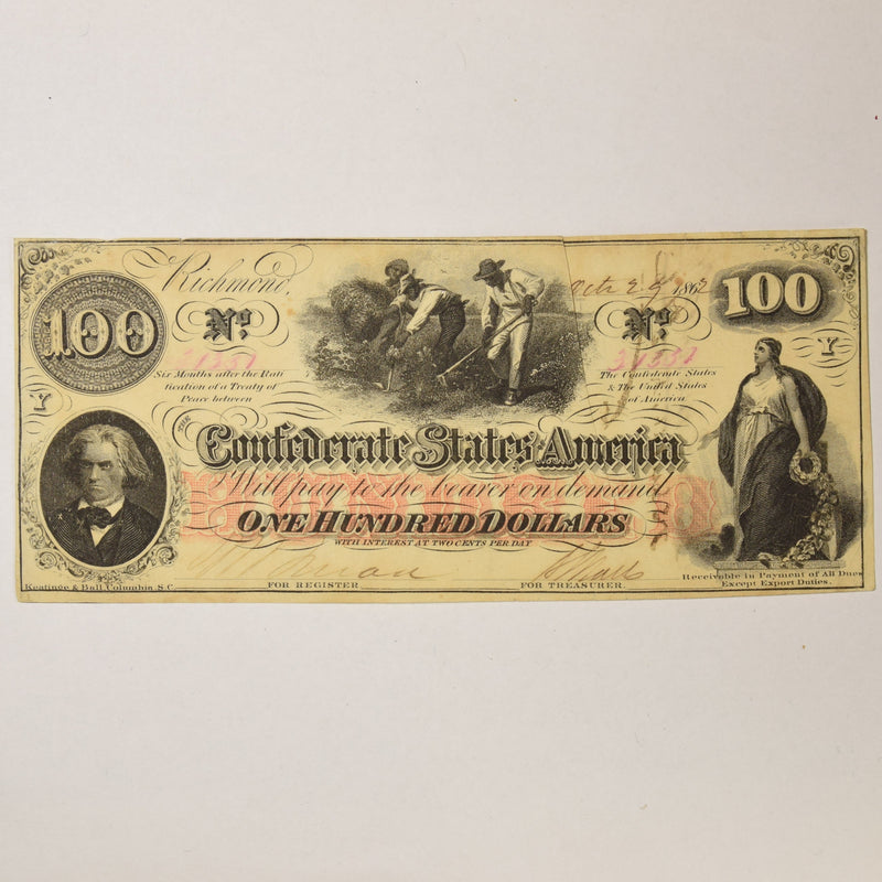 $100.00 1862 -Slaves- Confederate Note Type 41 . . . . Choice About Uncirculated