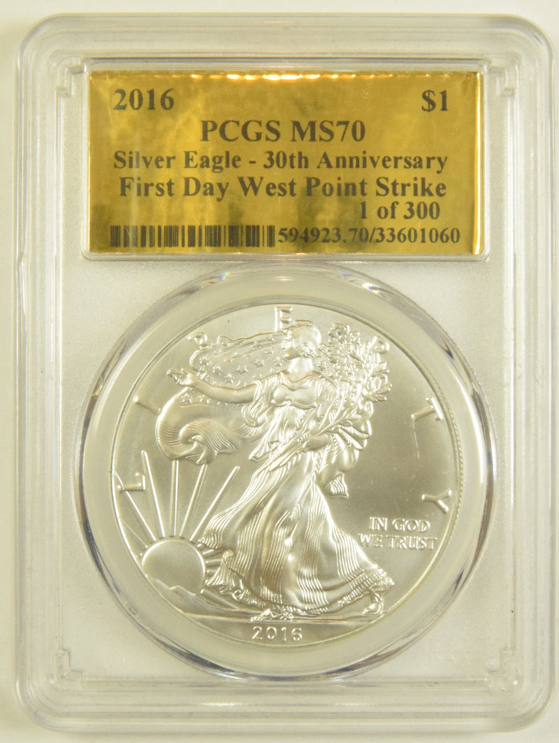 2016 Silver Eagle PCGS MS-70 First Day West Point Strike 30th Anniversary Gold Label