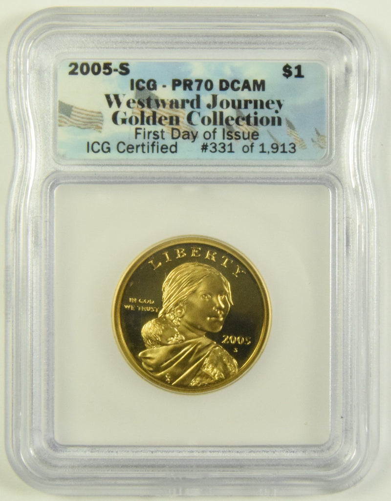 2005-S Sacagawea Dollar ICG PR-70 DCAM Westward Journey Golden Collection First Day of Issue