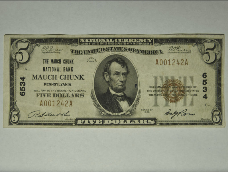 Pennsylvania $5.00 1929 Type 1 The Mauch Chunk National Bank, PA CH