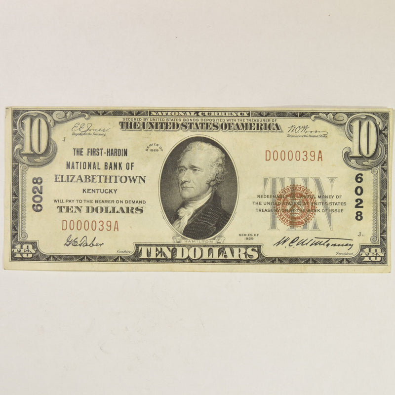 Kentucky $10.00 1929 Type 1 The First-Hardin National Bank of Elizabethtown, KY CH