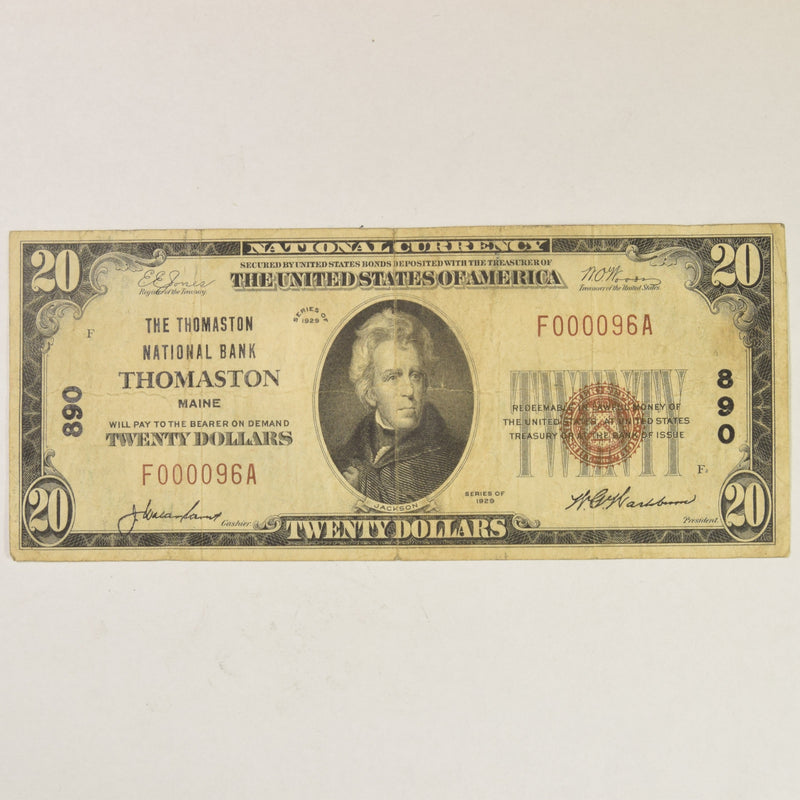 Maine $20.00 1929 Type 1 The Thomaston Nation Bank Thomaston, ME CH