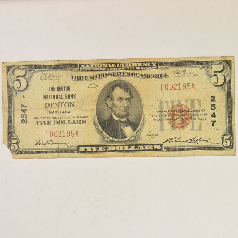 Maryland $5.00 1929 Type 1 The Denton National Bank Denton, MD CH
