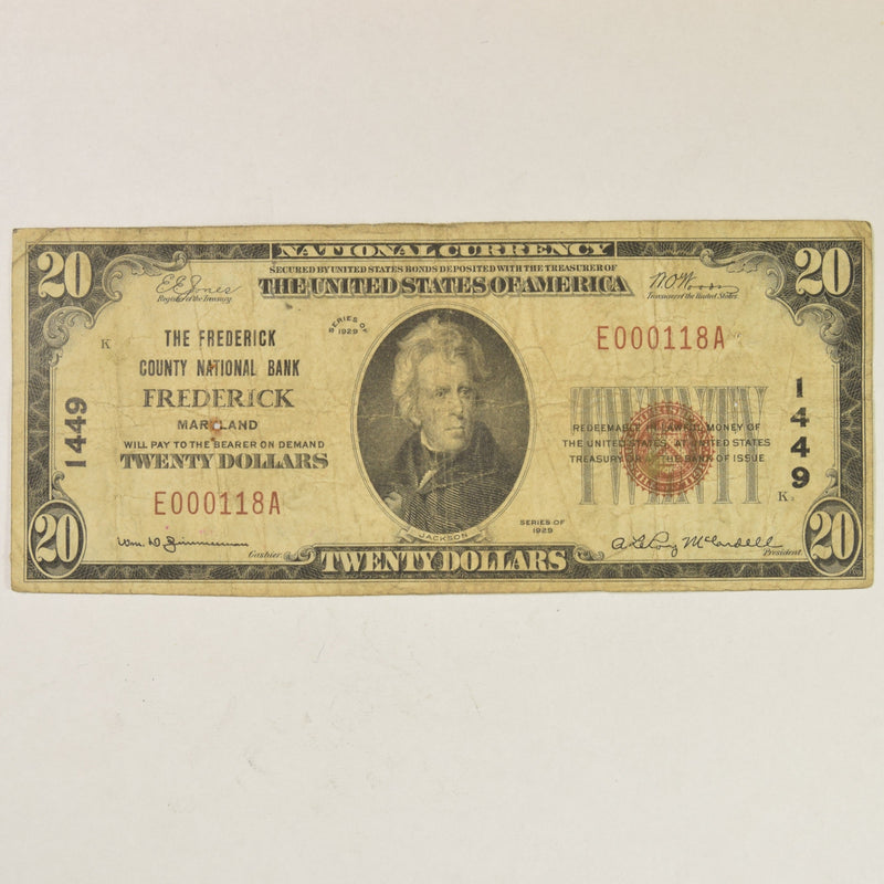 Maryland $20.00 1929 Type 1 The Frederick County National Bank Frederick, MD CH