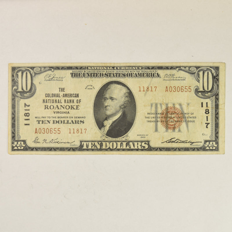 Virginia $10.00 1929 Type 2 The Colonial-American National Bank of Roanoke, VA CH