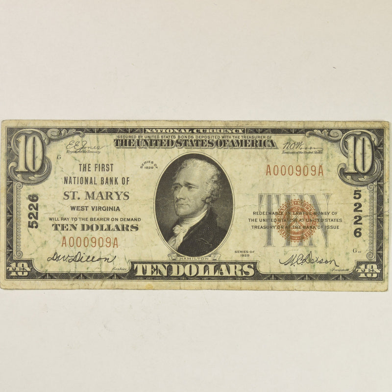 West Virginia $10.00 1929 Type 1 The First National Bank of St. Marys, WV CH
