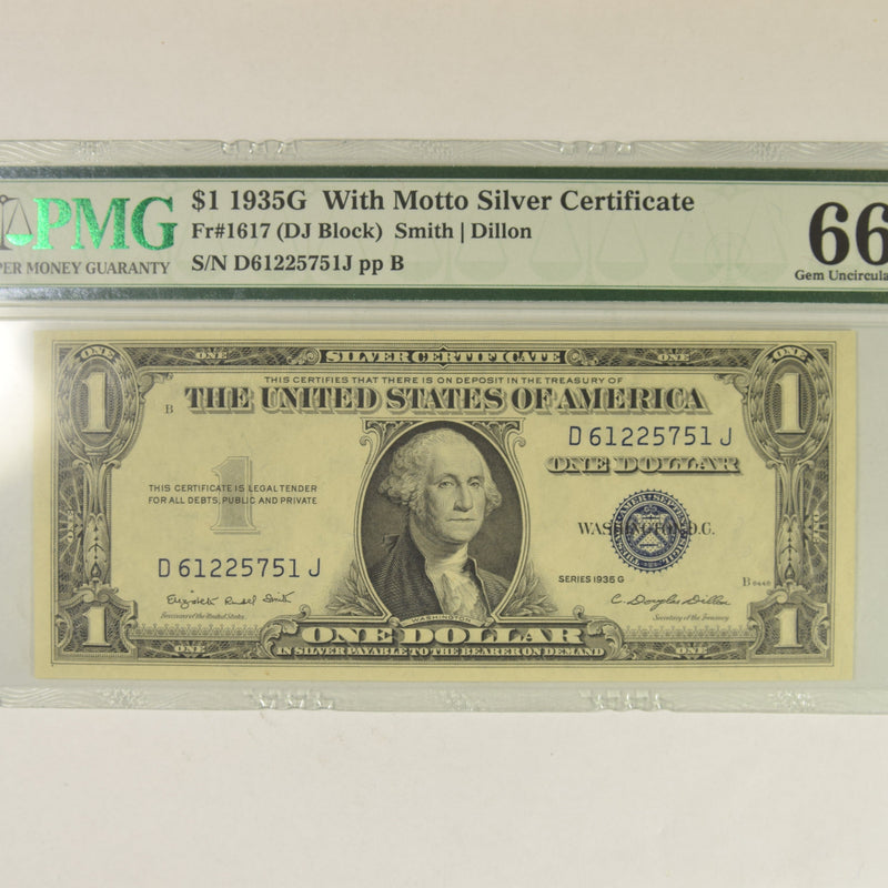 $1.00 1935 G with Motto Silver Certificate . . . . PMG Gem Unc-66 EPQ