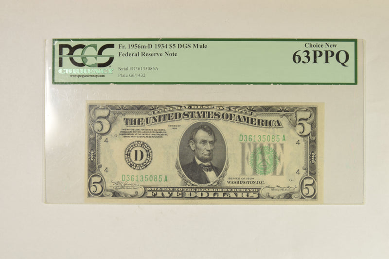 $5.00 1934 Federal Reserve Note Fr. 1956 m-D . . . . PCGS Choice New-63 PPQ
