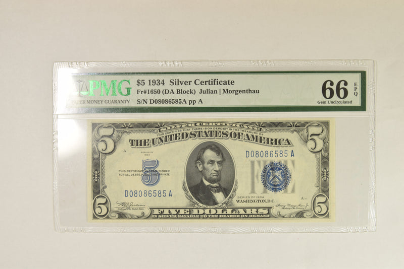 $5.00 1934 Silver Certificate . . . . PMG Gem-66