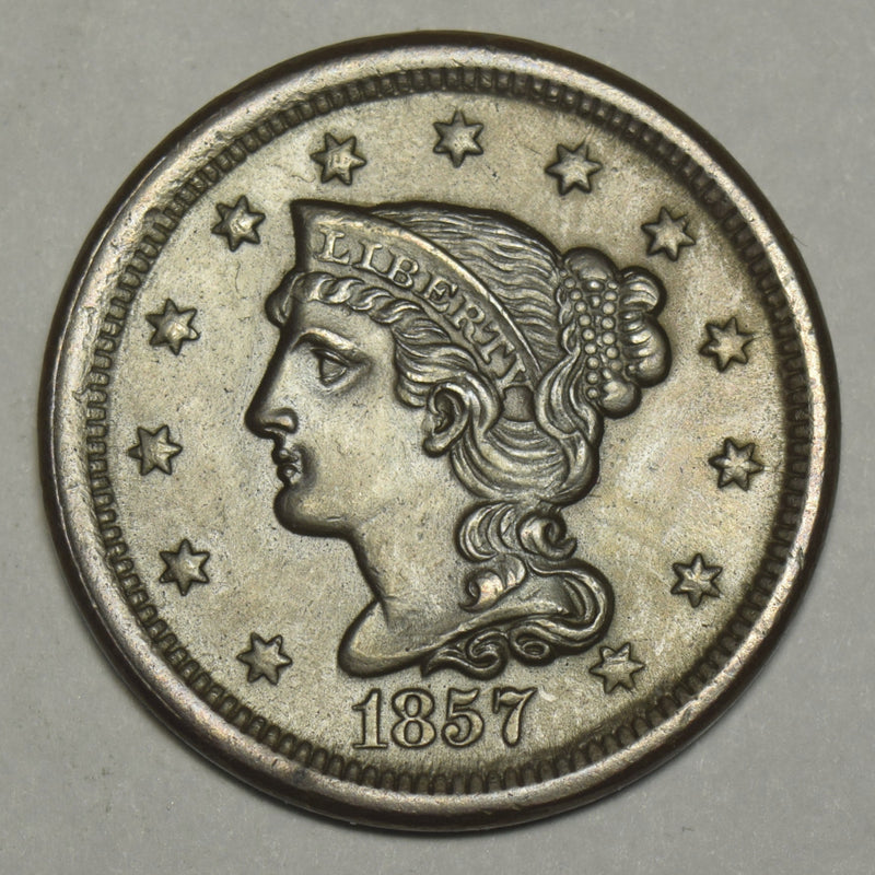 1857 Small Date Braided Hair Large Cent . . . . Choice Uncirculated Brown