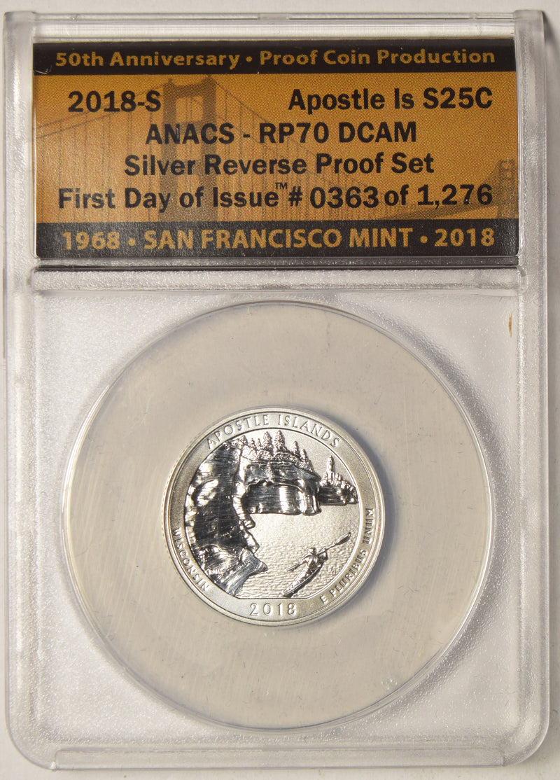 2018-S Apostle Island Silver Quarter . . . . ANACS RP-70 DCAM Silver Reverse Proof Set First Day of Issue 50th Anniversary Proof Coin Production