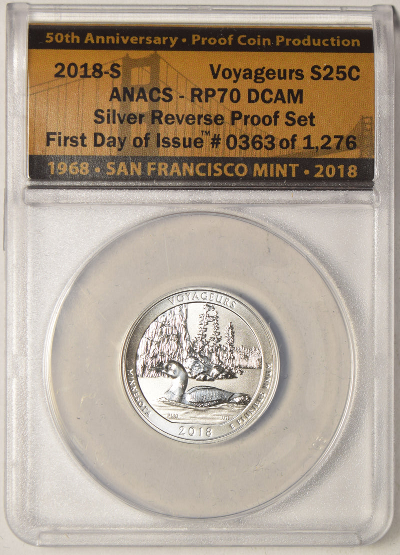 2018-S Voyageurs Silver Quarter . . . . ANACS RP-70 DCAM Silver Reverse Proof Set First Day of Issue 50th Anniversary Proof Coin Production