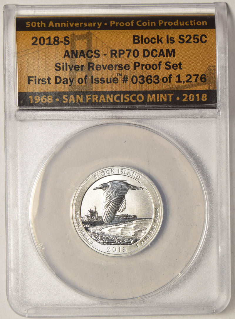2018-S Block Island Silver Quarter . . . . ANACS RP-70 DCAM Silver Reverse Proof Set First Day of Issue 50th Anniversary Proof Coin Production