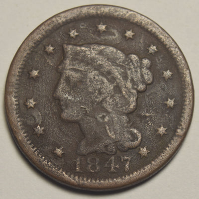 1847 Braided Hair Large Cent Fine pitted