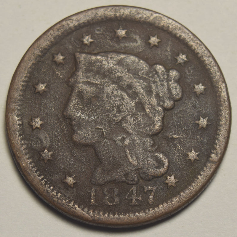 1847 Braided Hair Large Cent Fine pitted