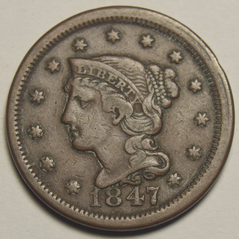 1847 Braided Hair Large Cent . . . . VF corrosion