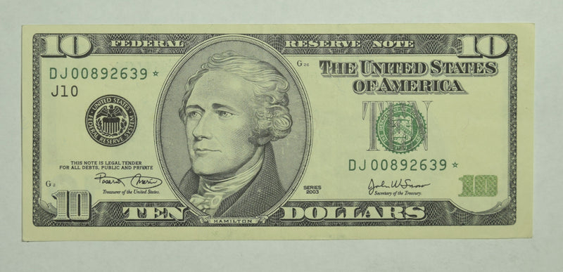$10.00 2003 Federal Reserve Note STAR - J . . . . Choice Crisp Uncirculated