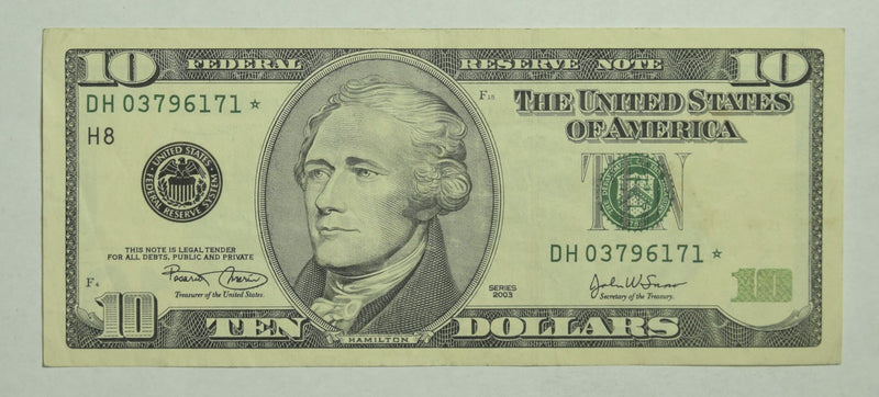 $10.00 2003 Federal Reserve Note STAR H Choice About Uncirculated
