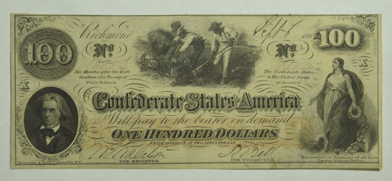 $100.00 1862 -Slaves- Confederate Note . . . . Choice Crisp Uncirculated