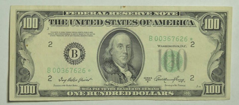 $100.00 1950 A Federal Reserve Note STAR B . . . . Extremely Fine