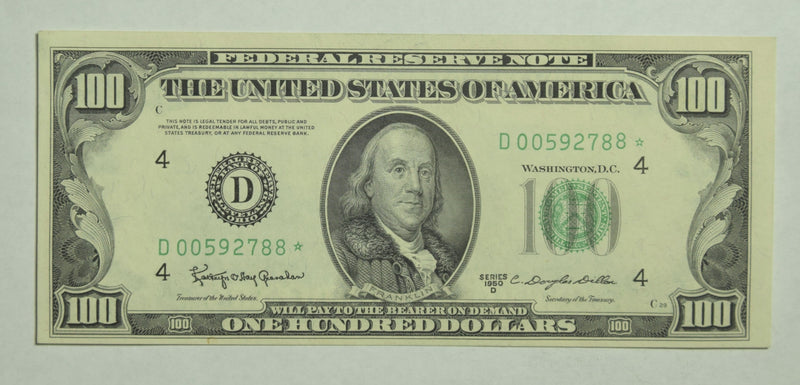 $100.00 1950 D Federal Reserve Note STAR D . . . . Gem Crisp Uncirculated