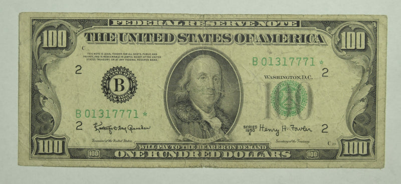 $100.00 1950 E Federal Reserve Note STAR B . . . . Fine