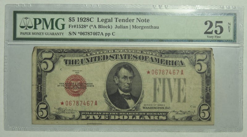 $5.00 1928 C US Legal Tender Note STAR Fr. 1528 . . . . PMG VF-25 Net corner damage