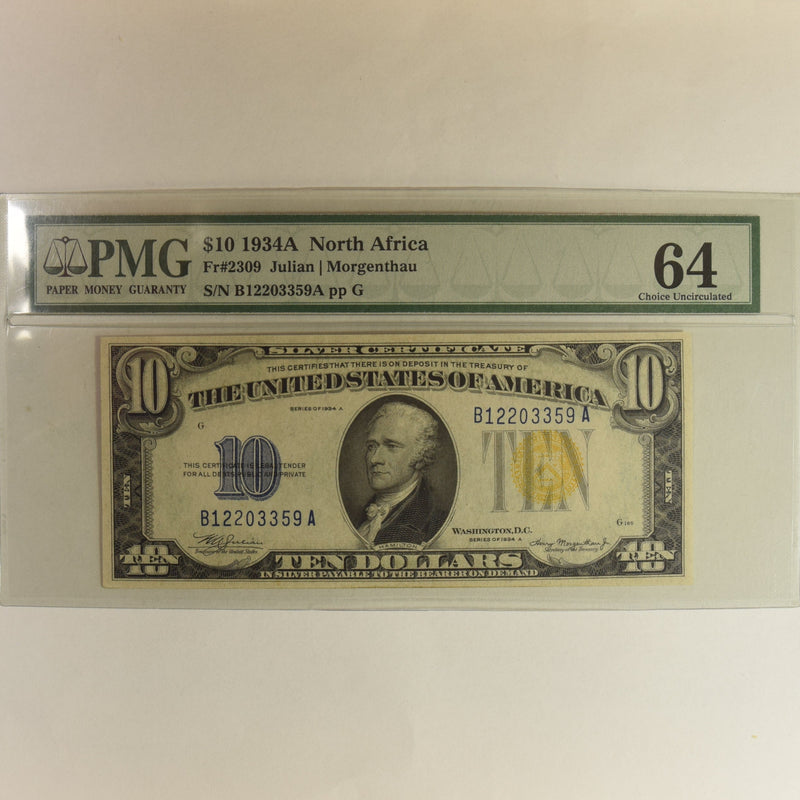 $10.00 1934 A -North Africa- Silver Certificate . . . . PMG Choice Unc-64
