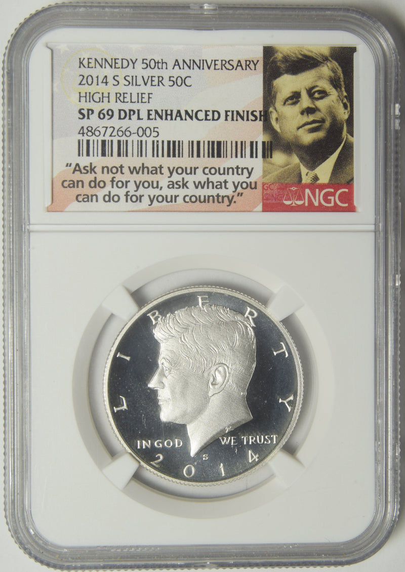 2014-S Kennedy Half NGC SP-69 DPL Silver Enhanced Finish Kennedy 25th Anniversary High Relief