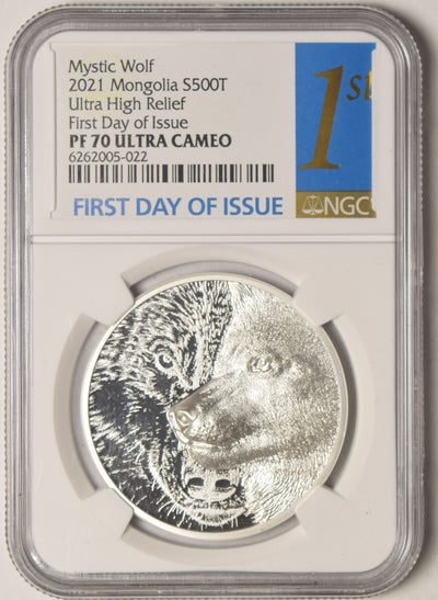 2021 Mongolia Mystic Wolf S500T . . . . NGC PF-70 Ultra Cameo Ultra High Relief First Day of Issue