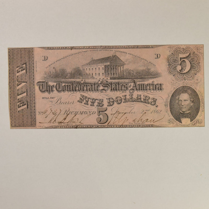$5.00 1862 -Capitol- Confederate Note . . . . Choice Crisp Uncirculated