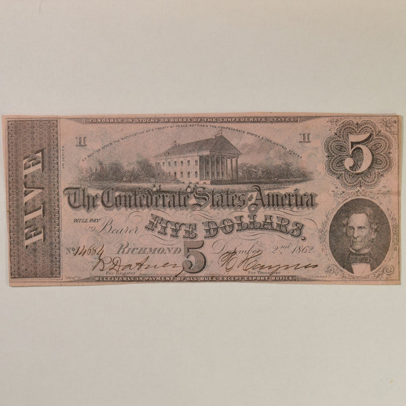 $5.00 1862 Confederate States of America T-53 . . . . Choice About Uncirculated
