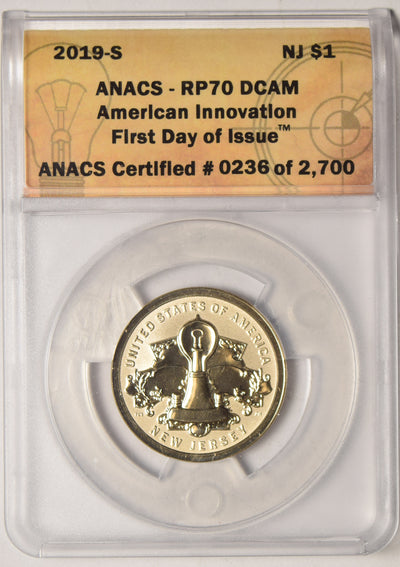 2019-S New Jersey Innovation Dollar . . . . ANACS RP-70 DCAM First Day of Issue