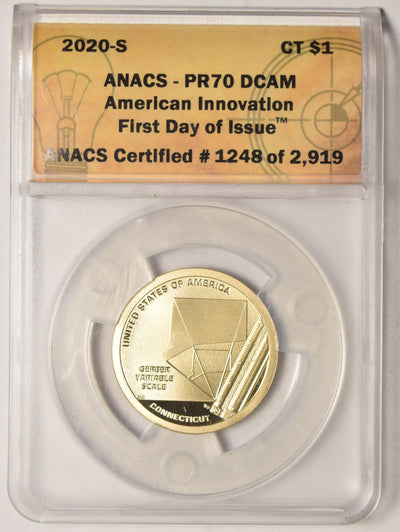 2020-S Connecticut Innovation Dollar . . . . ANACS PR-70 DCAM First Day of Issue