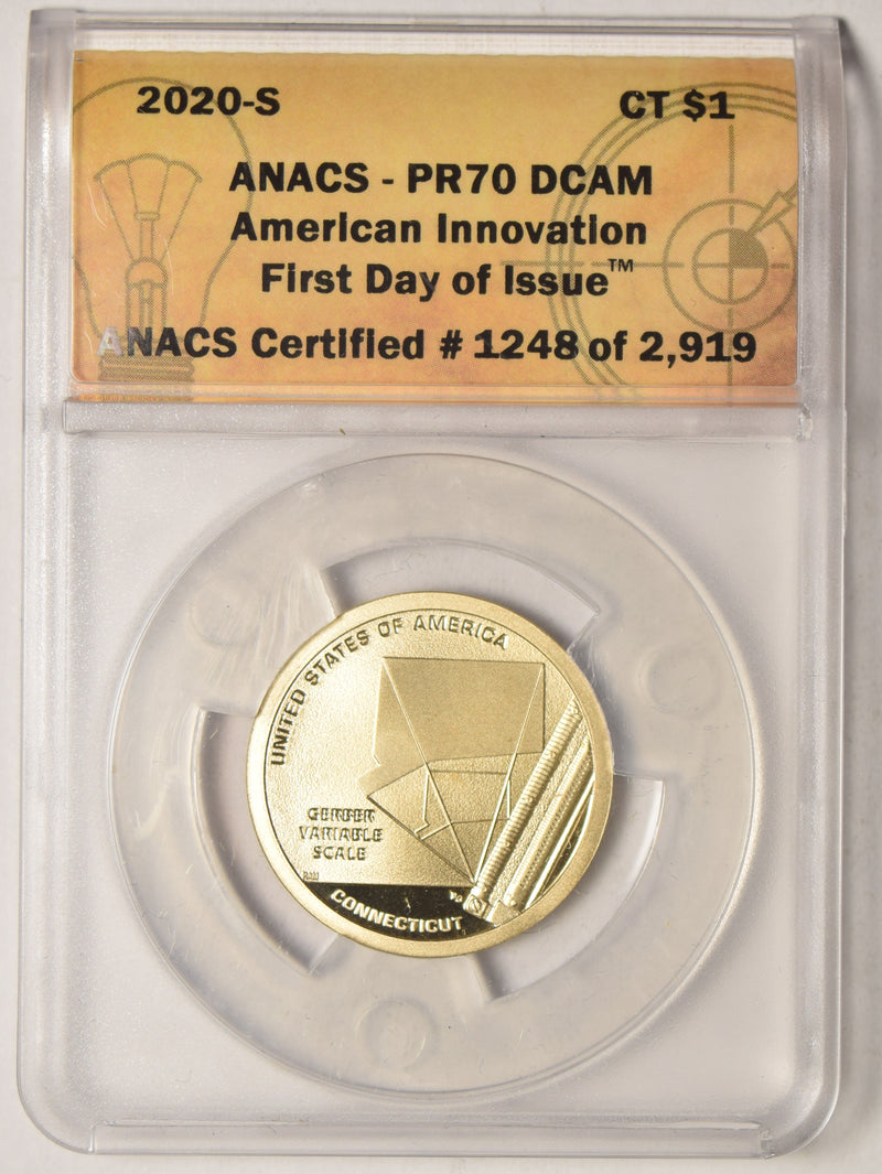 2020-S Connecticut Innovation Dollar . . . . ANACS PR-70 DCAM First Day of Issue