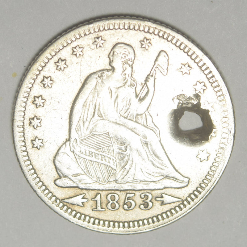 1853 Arrows/Rays Seated Liberty Quarter XF/AU holed