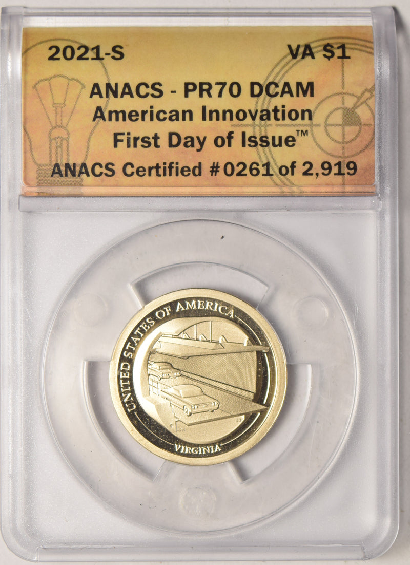 2021-S Virginia Innovation Dollar . . . . ANACS PR-70 DCAM First Day of Issue