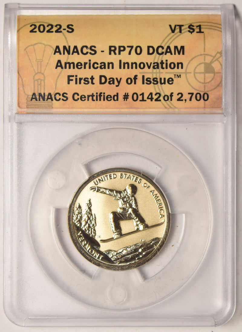 2022-S Vermont Innovation Dollar . . . . ANACS RP-70 DCAM First Day of Issue