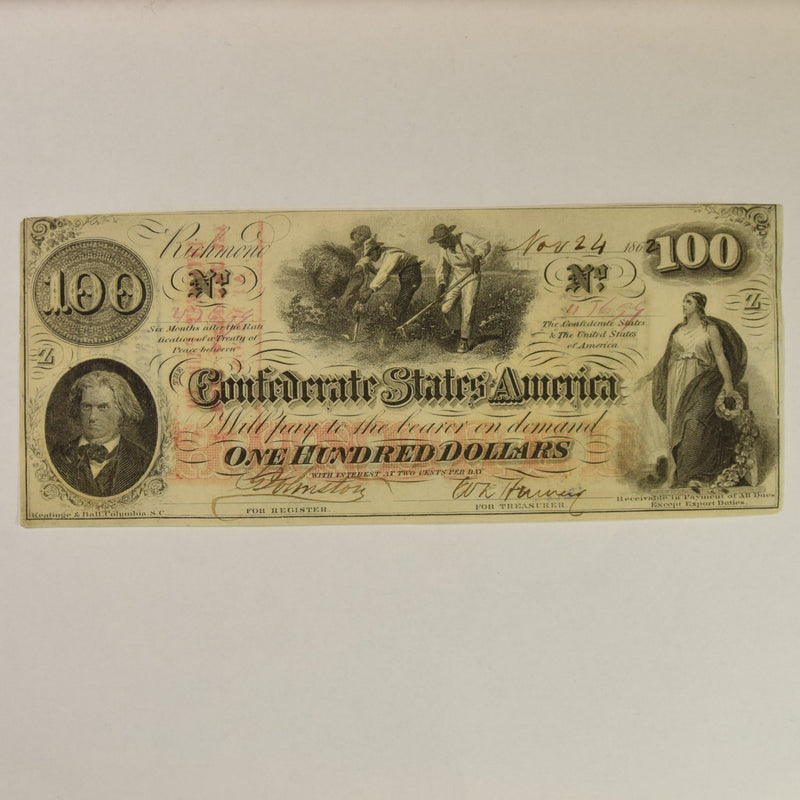 $100.00 1862 Confederate States of America Slaves T-41 . . . . Choice About Uncirculated