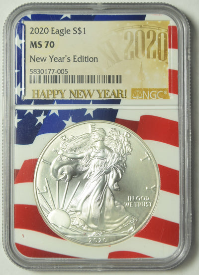 2020 Silver Eagle . . . . NGC MS-70 New Year's Edition Flag Holder
