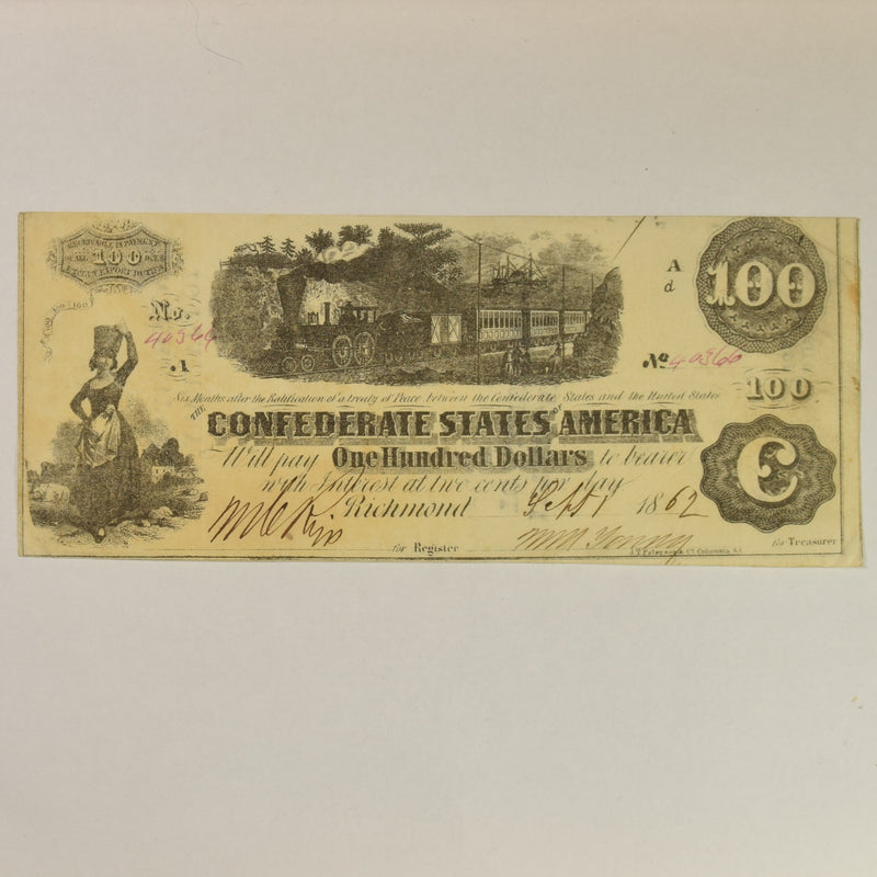 $100.00 1862 Confederate States of America Train T-40 . . . . Choice About Uncirculated