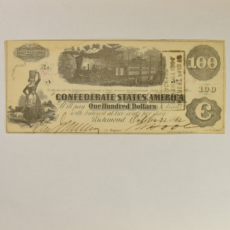 $100.00 1862 Confederate States of America Train T-40 . . . . Select Crisp Uncirculated