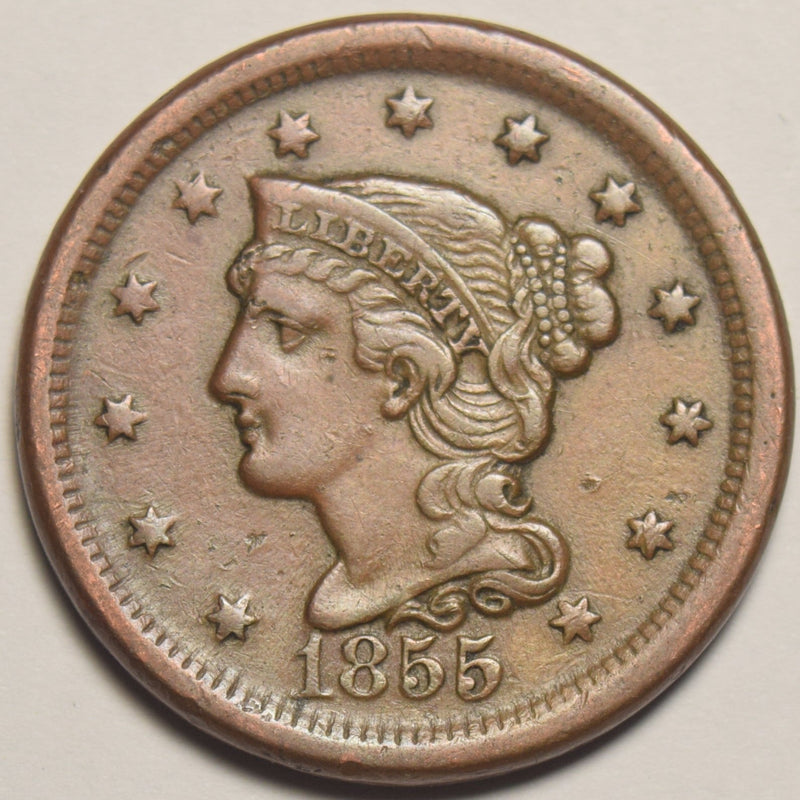 1855 Upright 55 Braided Hair Large Cent Choice About Uncirculated