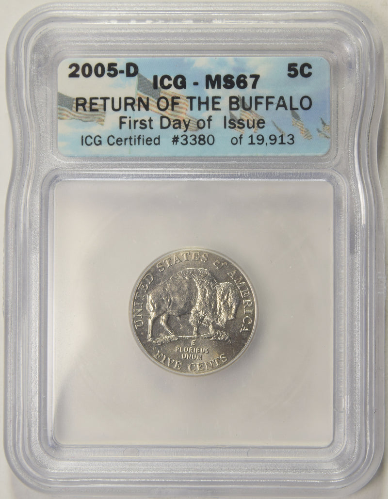 2005-P Bison Jefferson Nickel . . . . ICS MS-67 First Day of Issue